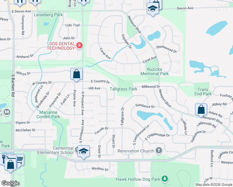 map of restaurants, bars, coffee shops, grocery stores, and more near 816 South Sheridan Drive in Bartlett