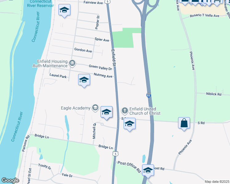 map of restaurants, bars, coffee shops, grocery stores, and more near 1270 Enfield Street in Enfield