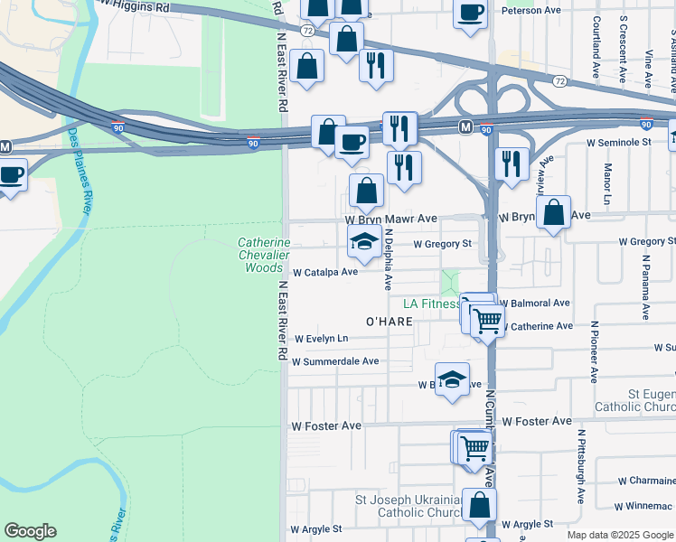 map of restaurants, bars, coffee shops, grocery stores, and more near 5227 North Oakview Avenue in Chicago