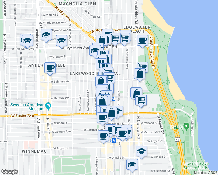 map of restaurants, bars, coffee shops, grocery stores, and more near 5343 North Broadway in Chicago