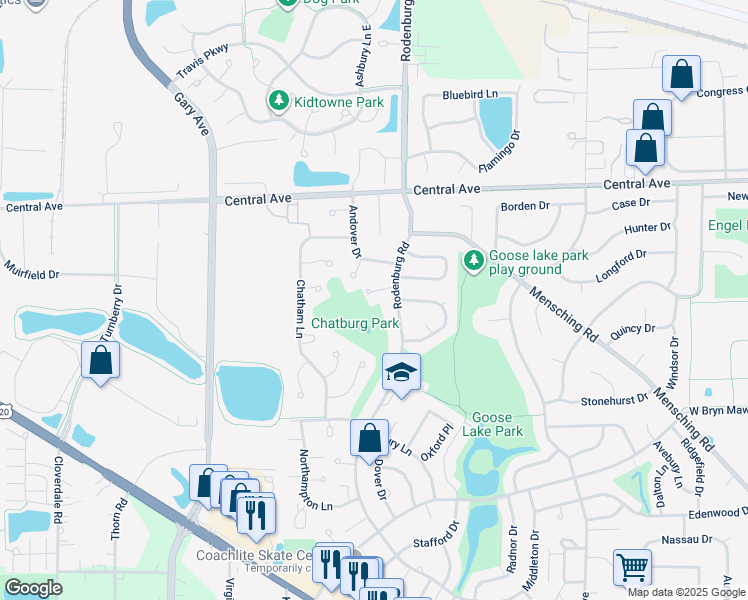 map of restaurants, bars, coffee shops, grocery stores, and more near 1249 Churchill Drive in Roselle