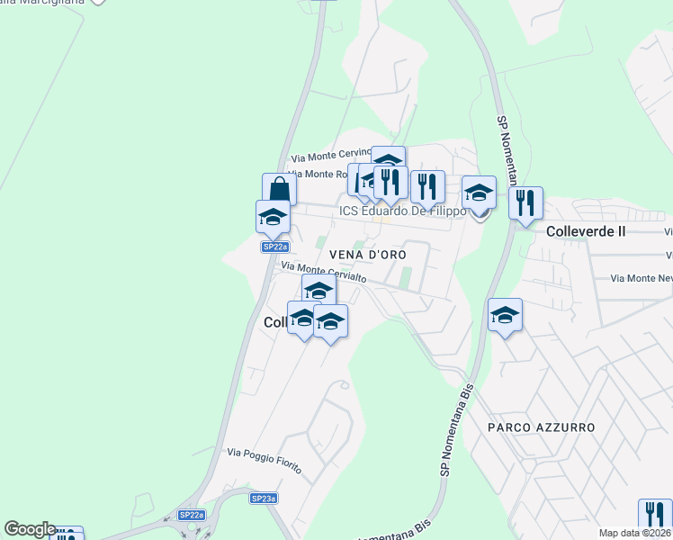 map of restaurants, bars, coffee shops, grocery stores, and more near 17 Via Monte Cervialto in Colleverde