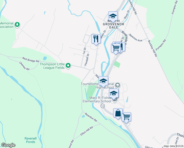 map of restaurants, bars, coffee shops, grocery stores, and more near 26 Main Street in Thompson