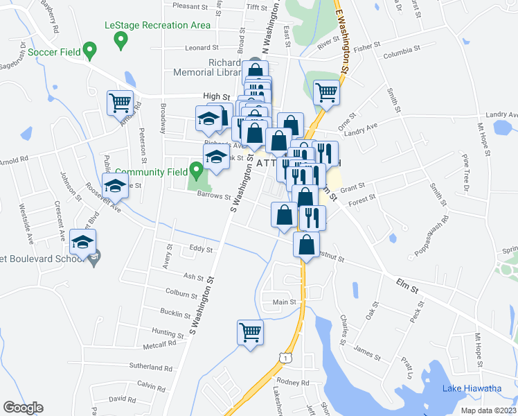 map of restaurants, bars, coffee shops, grocery stores, and more near 5 East Street in North Attleborough
