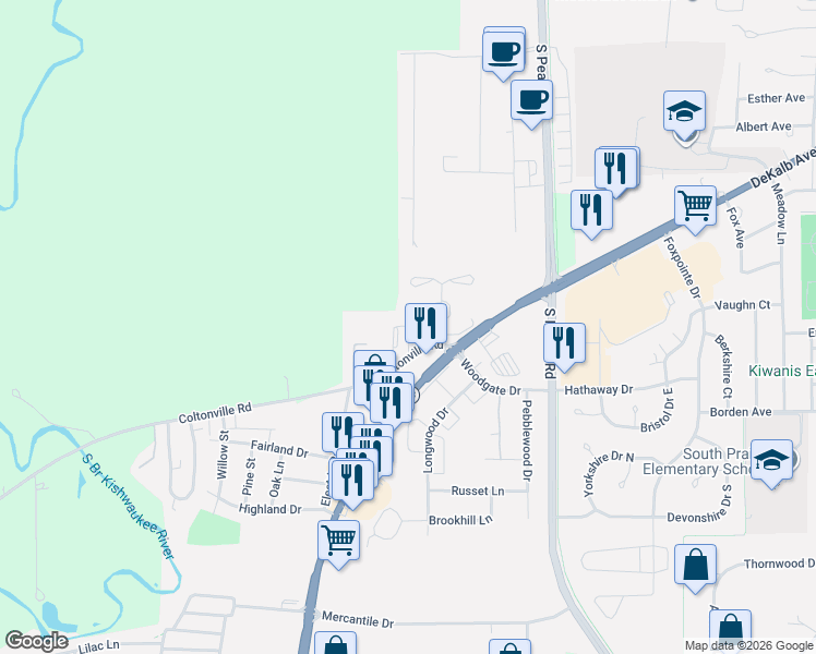 map of restaurants, bars, coffee shops, grocery stores, and more near 1851 Coltonville Road in Sycamore