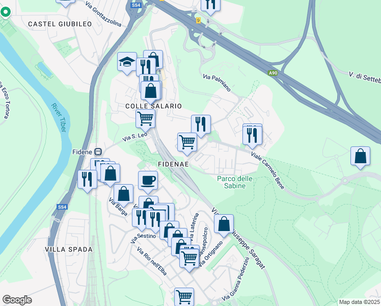 map of restaurants, bars, coffee shops, grocery stores, and more near 17 Via Monte Giberto in Roma