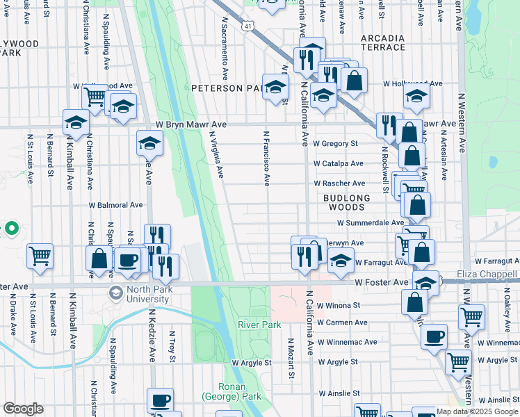 map of restaurants, bars, coffee shops, grocery stores, and more near 2911 West Balmoral Avenue in Chicago