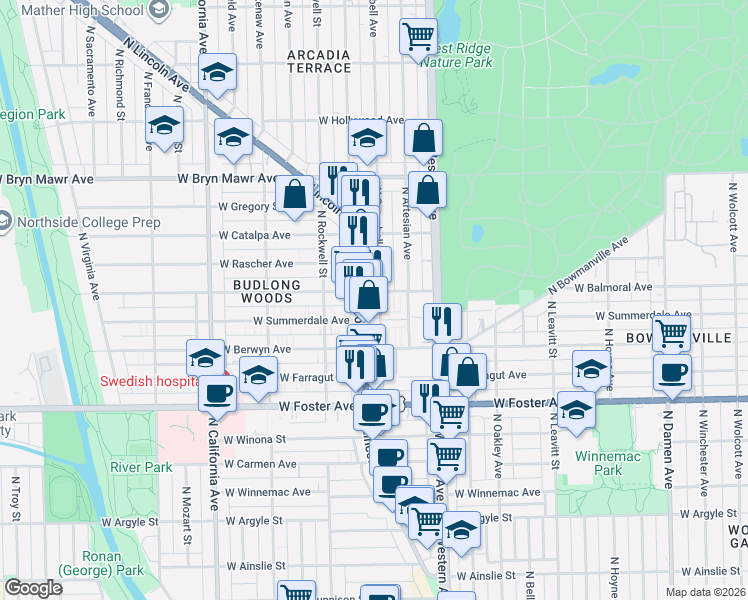 map of restaurants, bars, coffee shops, grocery stores, and more near 5357 North Lincoln Avenue in Chicago