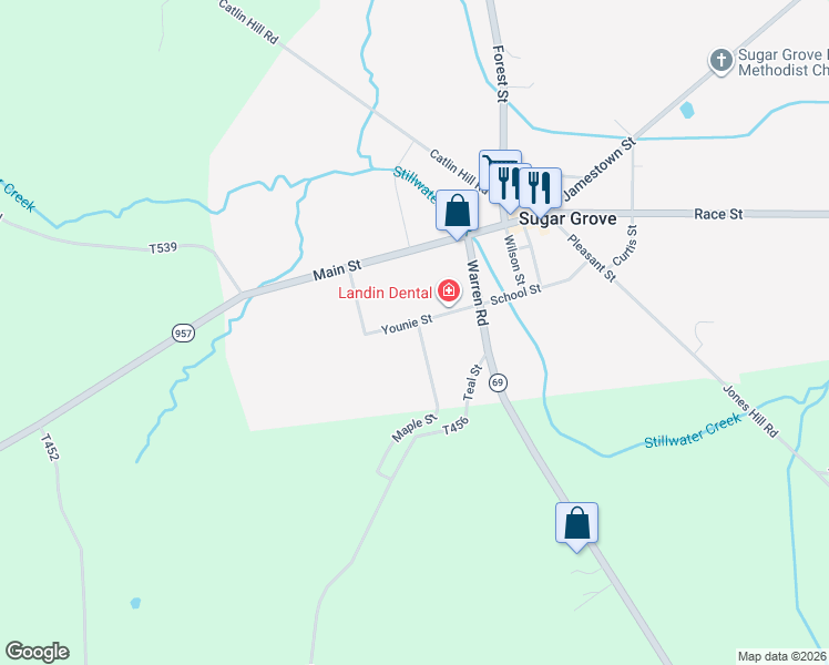 map of restaurants, bars, coffee shops, grocery stores, and more near 112 Maple Street in Sugar Grove