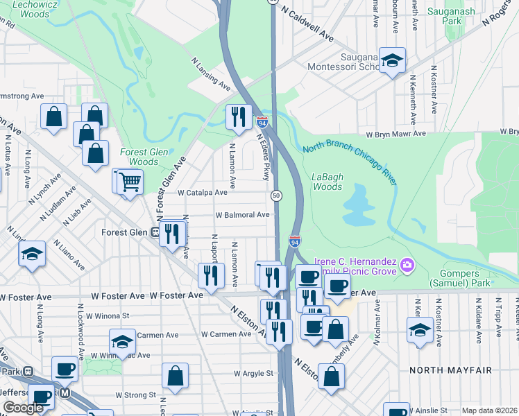 map of restaurants, bars, coffee shops, grocery stores, and more near 4800 West Balmoral Avenue in Chicago