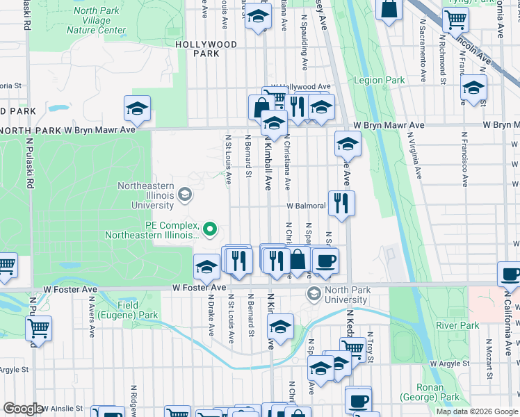 map of restaurants, bars, coffee shops, grocery stores, and more near 3411 West Balmoral Avenue in Chicago