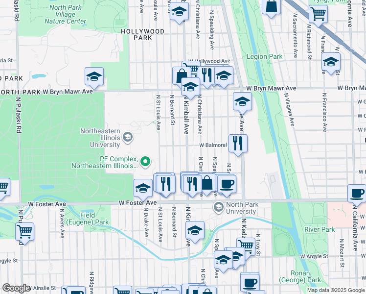 map of restaurants, bars, coffee shops, grocery stores, and more near 3405 West Balmoral Avenue in Chicago