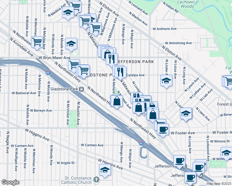 map of restaurants, bars, coffee shops, grocery stores, and more near 5421 North Menard Avenue in Chicago