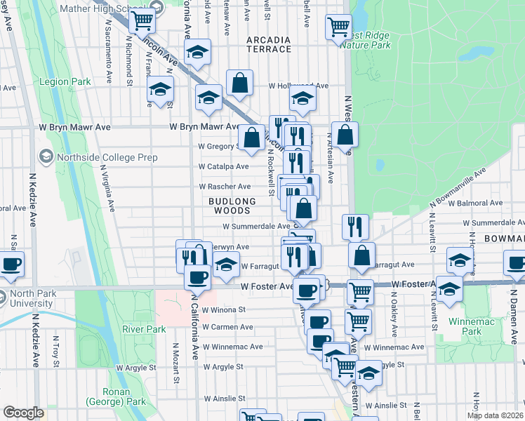 map of restaurants, bars, coffee shops, grocery stores, and more near 2613 West Balmoral Avenue in Chicago