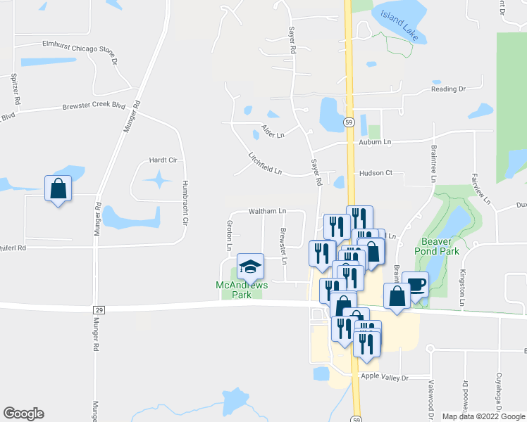 map of restaurants, bars, coffee shops, grocery stores, and more near Waltham Lane in Bartlett