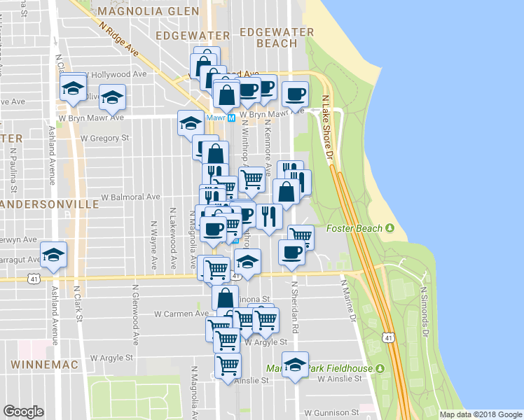map of restaurants, bars, coffee shops, grocery stores, and more near 5320 North Kenmore Avenue in Chicago