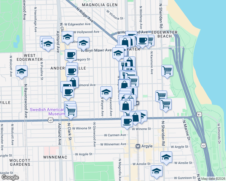 map of restaurants, bars, coffee shops, grocery stores, and more near 5326 North Magnolia Avenue in Chicago