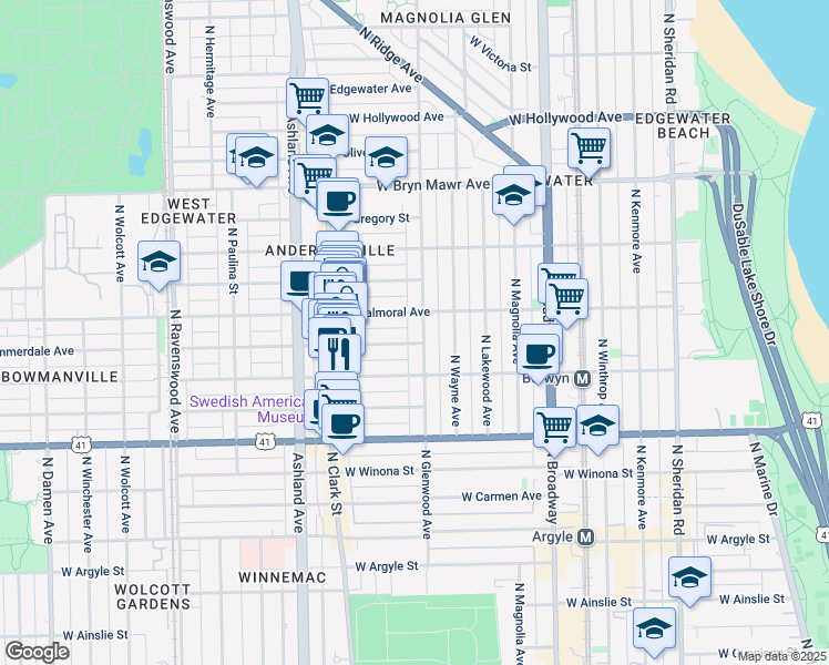 map of restaurants, bars, coffee shops, grocery stores, and more near 5329 North Glenwood Avenue in Chicago