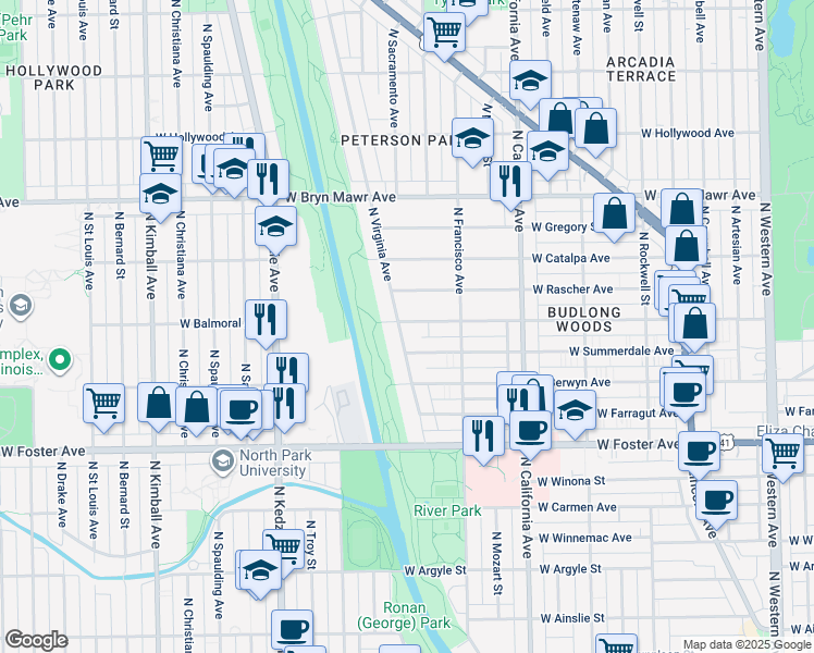 map of restaurants, bars, coffee shops, grocery stores, and more near 5347 North Virginia Avenue in Chicago