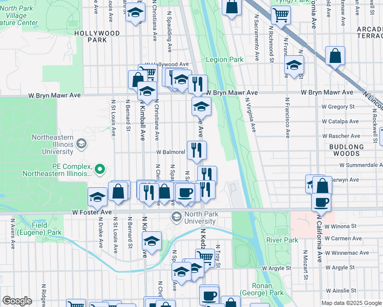 map of restaurants, bars, coffee shops, grocery stores, and more near 5349 North Sawyer Avenue in Chicago
