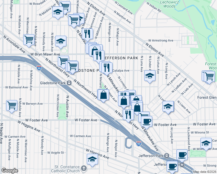 map of restaurants, bars, coffee shops, grocery stores, and more near 5421 North Menard Avenue in Chicago