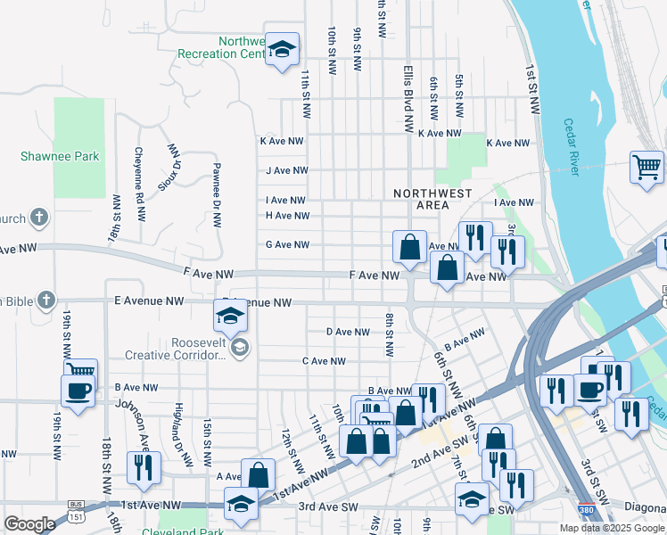 map of restaurants, bars, coffee shops, grocery stores, and more near 923-927 F Avenue Northwest in Cedar Rapids