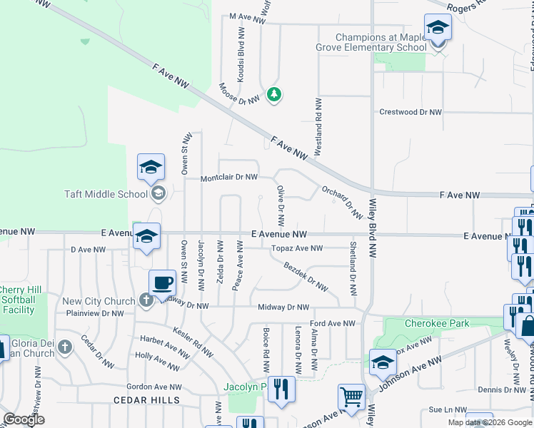 map of restaurants, bars, coffee shops, grocery stores, and more near 606 Bartlet Court Northwest in Cedar Rapids