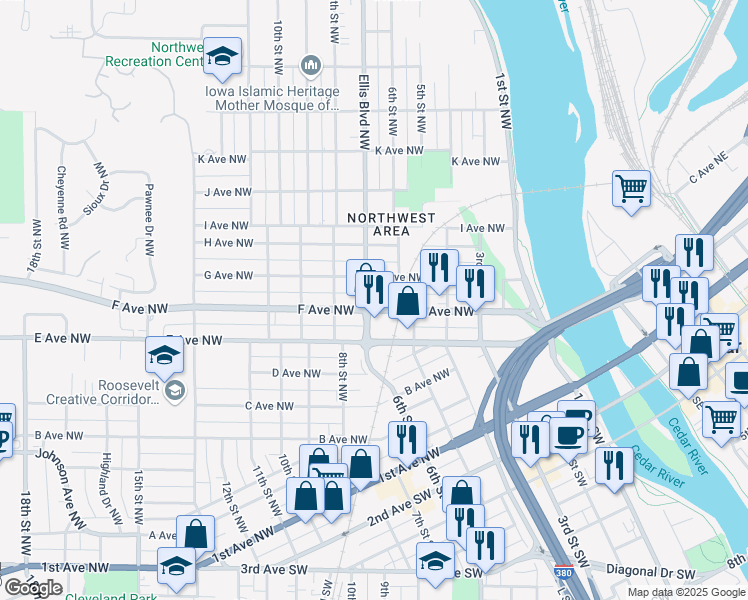 map of restaurants, bars, coffee shops, grocery stores, and more near 701 Ellis Blvd NW in Cedar Rapids