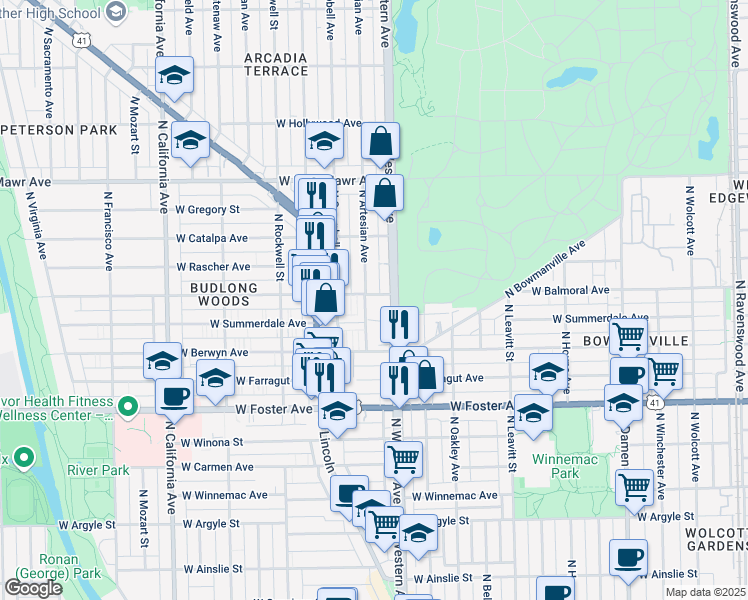 map of restaurants, bars, coffee shops, grocery stores, and more near 2411 West Balmoral Avenue in Chicago