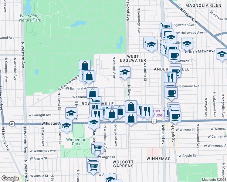map of restaurants, bars, coffee shops, grocery stores, and more near 5348 North Wolcott Avenue in Chicago