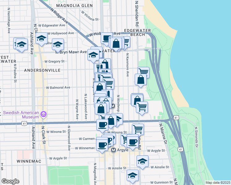 map of restaurants, bars, coffee shops, grocery stores, and more near 5336 North Winthrop Avenue in Chicago