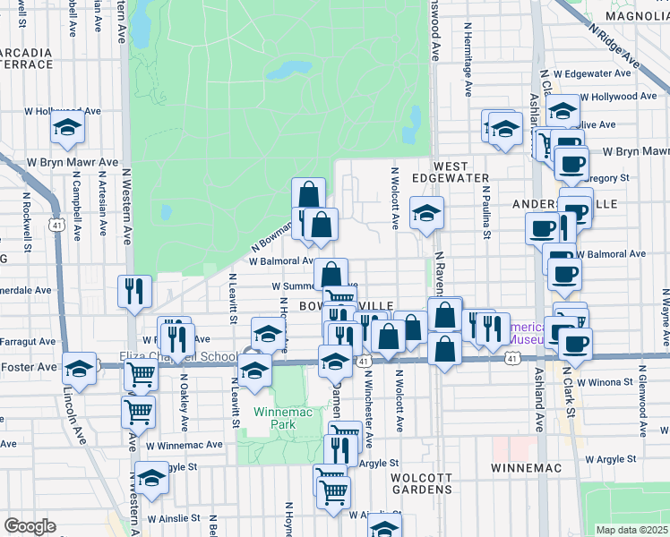 map of restaurants, bars, coffee shops, grocery stores, and more near 5355 North Damen Avenue in Chicago