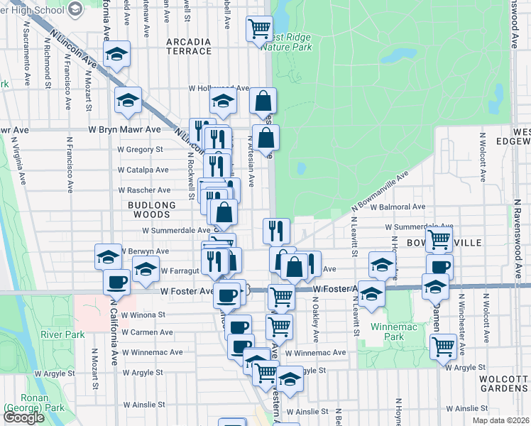 map of restaurants, bars, coffee shops, grocery stores, and more near 2401 West Balmoral Avenue in Chicago