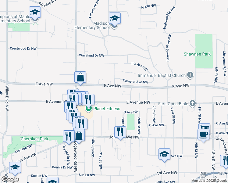 map of restaurants, bars, coffee shops, grocery stores, and more near 2823 Henry Court Northwest in Cedar Rapids