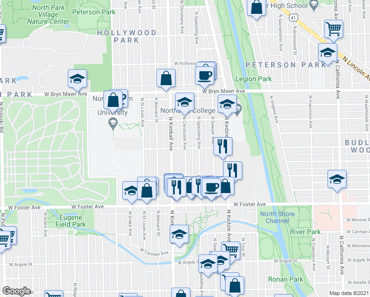 map of restaurants, bars, coffee shops, grocery stores, and more near W Balmoral Ave & N Christiana Ave in Chicago