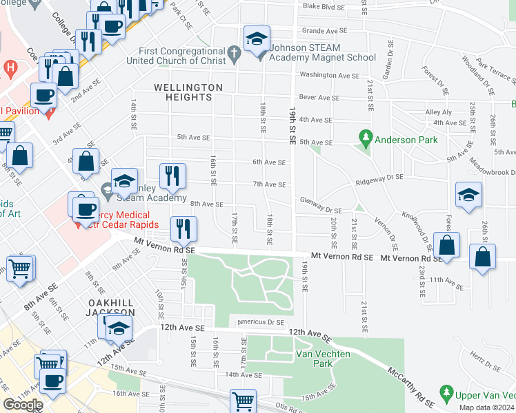 map of restaurants, bars, coffee shops, grocery stores, and more near 730 Wellington Street Southeast in Cedar Rapids