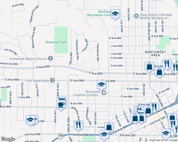map of restaurants, bars, coffee shops, grocery stores, and more near 1602 F Avenue Northwest in Cedar Rapids