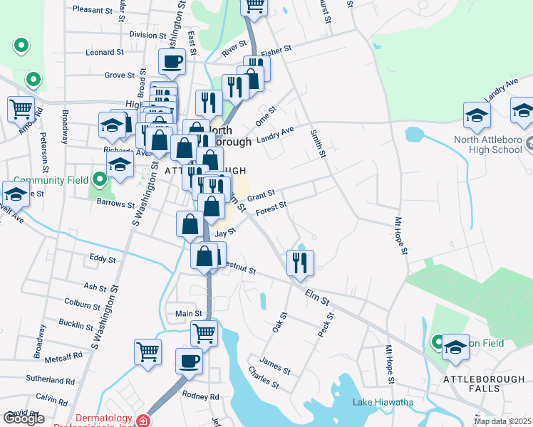 map of restaurants, bars, coffee shops, grocery stores, and more near 174 Elm Street in North Attleborough