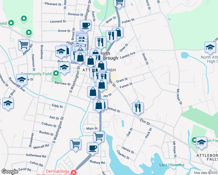 map of restaurants, bars, coffee shops, grocery stores, and more near 19 Jay Street in North Attleborough