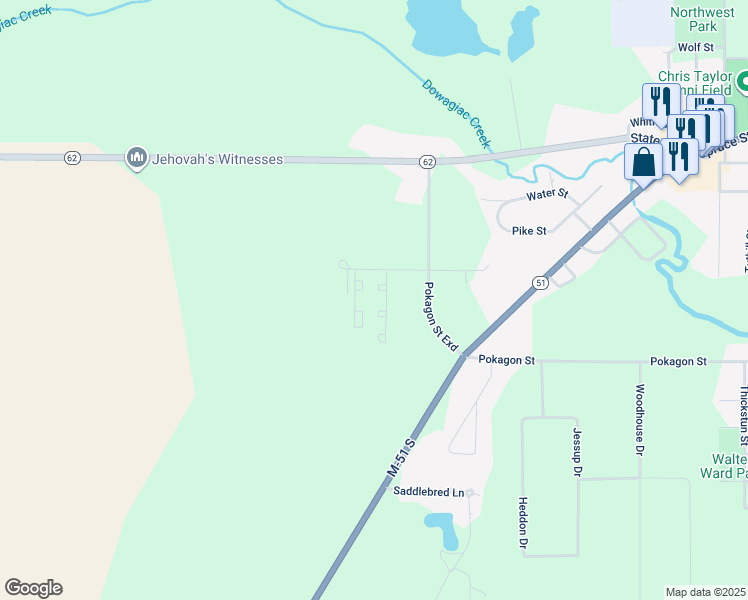 map of restaurants, bars, coffee shops, grocery stores, and more near 29559 Amerihost Drive in Dowagiac