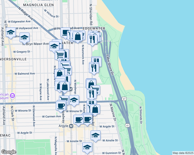 map of restaurants, bars, coffee shops, grocery stores, and more near 5301 North Sheridan Road in Chicago