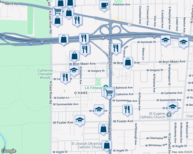 map of restaurants, bars, coffee shops, grocery stores, and more near 5445 North Chester Avenue in Chicago
