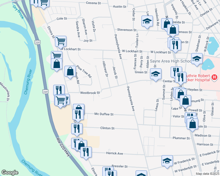map of restaurants, bars, coffee shops, grocery stores, and more near 201 Hillcrest Drive in Sayre