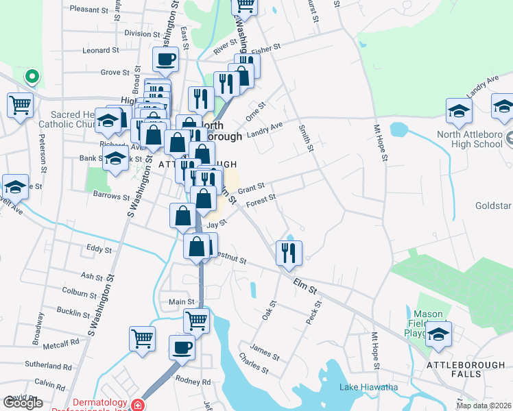 map of restaurants, bars, coffee shops, grocery stores, and more near 174 Elm Street in North Attleborough