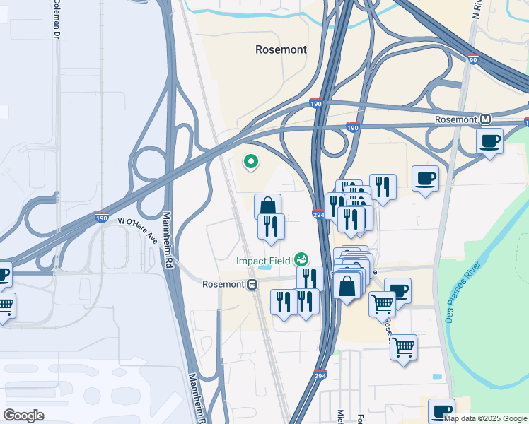 map of restaurants, bars, coffee shops, grocery stores, and more near 5600 Pearl Street in Rosemont