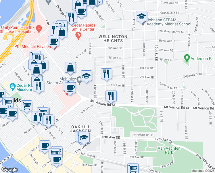 map of restaurants, bars, coffee shops, grocery stores, and more near 800 15th Street Southeast in Cedar Rapids