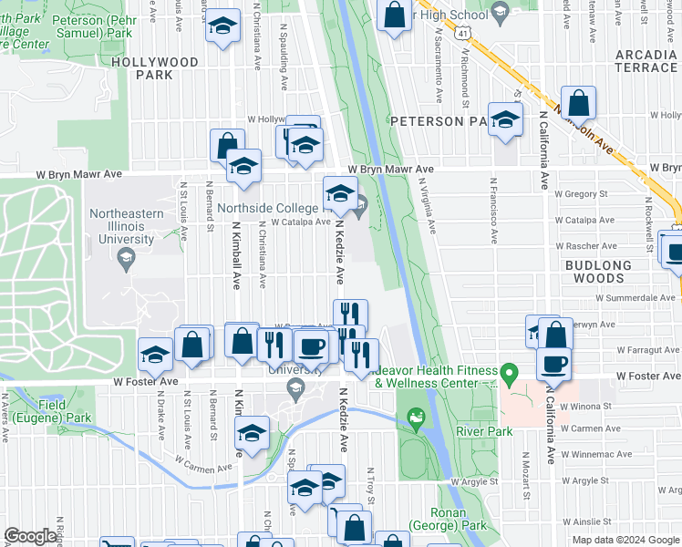 map of restaurants, bars, coffee shops, grocery stores, and more near North Kedzie Avenue & West Balmoral Avenue in Chicago