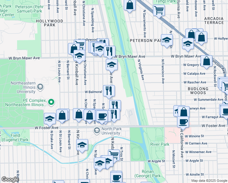 map of restaurants, bars, coffee shops, grocery stores, and more near 5345 North Kedzie Avenue in Chicago