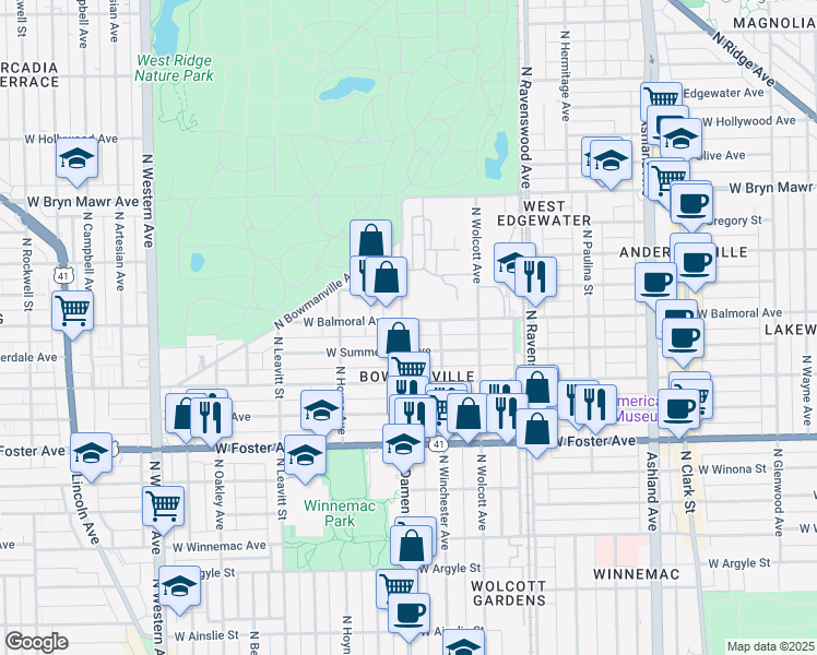 map of restaurants, bars, coffee shops, grocery stores, and more near 5355 North Damen Avenue in Chicago