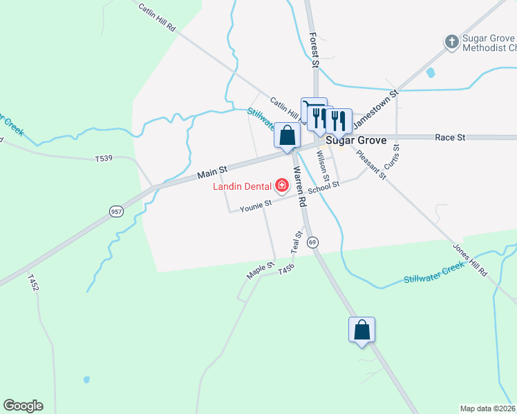 map of restaurants, bars, coffee shops, grocery stores, and more near 112 Maple Street in Sugar Grove